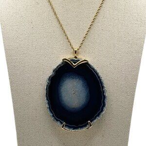 Kenneth Lane Vintage 70s Large Blue Agate Geode Slice Iconic Pendant Necklace